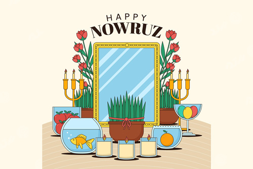 وکتور EPS و Ai لایه باز سفره هفت سین شامل آینه و سبزه و تخم مرغ رنگی و ماهی و سیب و شمع و گل ویژه عید نوروز